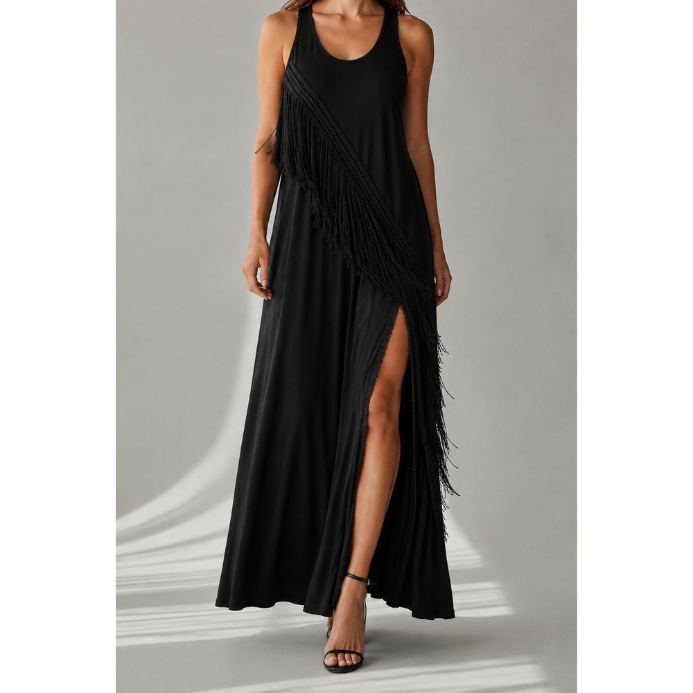NWT Haute Hippie Fringe Maxi Dress Black Small Boho Western Festival Chic